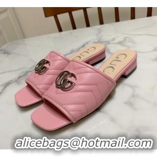 Low Price Gucci GG Marmont Leather 15mm heel Slide Sandals 010674 Pink