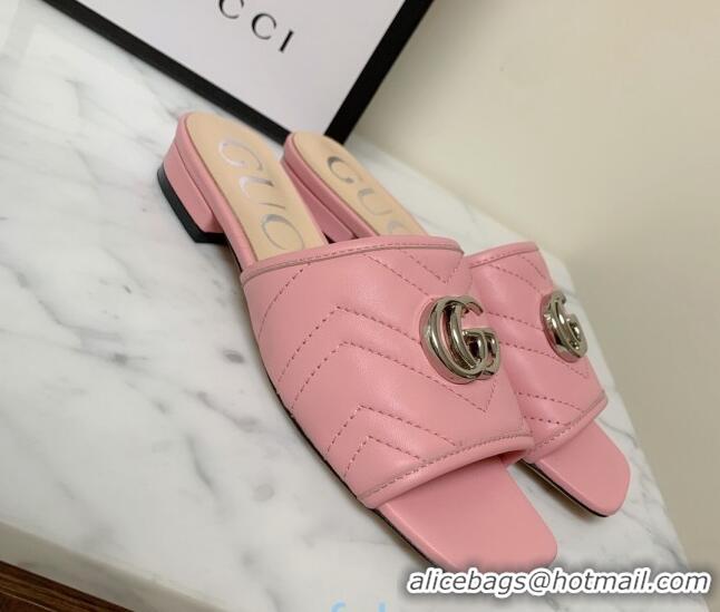 Low Price Gucci GG Marmont Leather 15mm heel Slide Sandals 010674 Pink