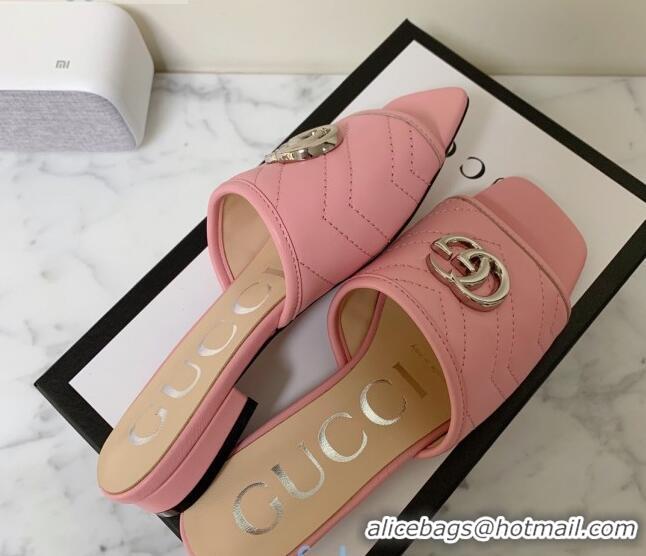 Low Price Gucci GG Marmont Leather 15mm heel Slide Sandals 010674 Pink