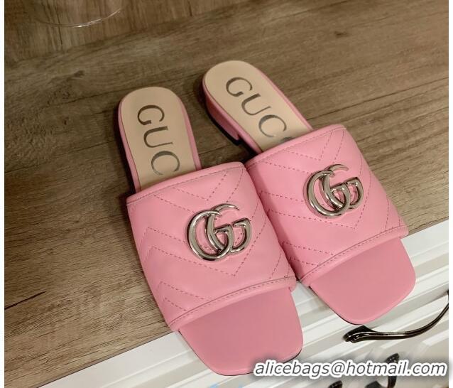 Low Price Gucci GG Marmont Leather 15mm heel Slide Sandals 010674 Pink