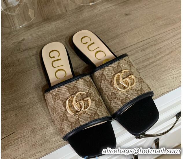 Best Design Gucci GG Marmont Canvas 15mm Slide Sandals 619893 Beige/Black