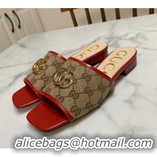 Best Price Gucci GG Marmont Canvas 15mm Slide Sandals 619893 Beige/Red