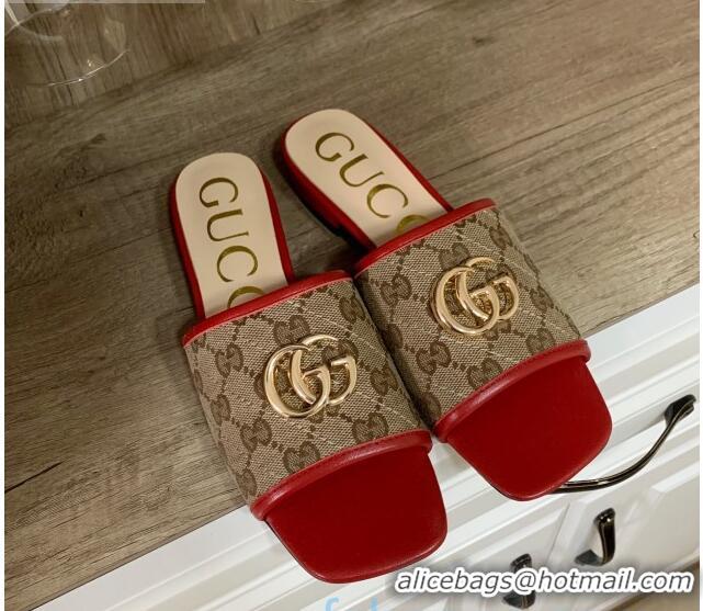 Best Price Gucci GG Marmont Canvas 15mm Slide Sandals 619893 Beige/Red