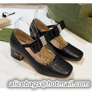 Top Quality Gucci Leather Mid-heel Pump with Crystal Bow and Tassel 637134 Black 2021