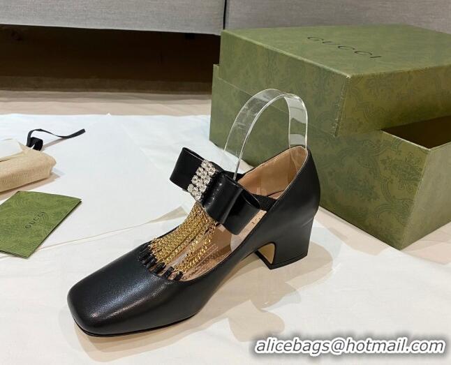 Top Quality Gucci Leather Mid-heel Pump with Crystal Bow and Tassel 637134 Black 2021