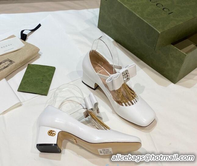 Popular Gucci Leather Mid-heel Pump with Crystal Bow and Tassel 637134 White 2021