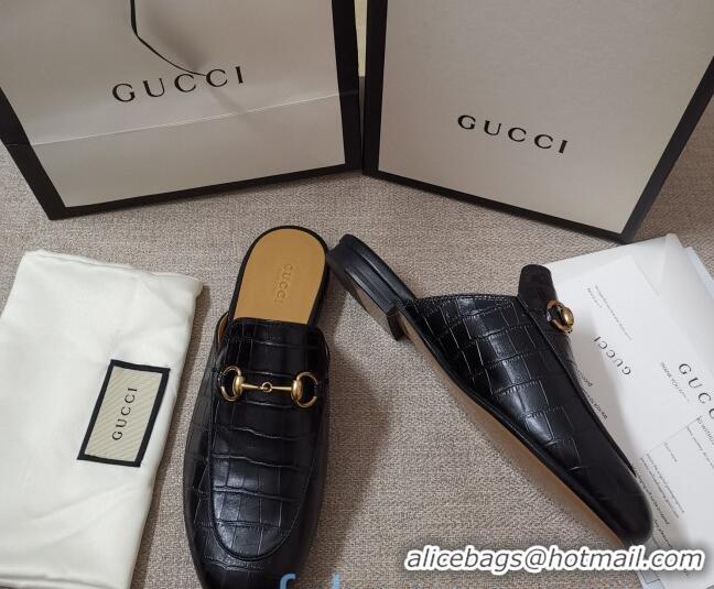 Best Quality Gucci Stone Embossed Leather Slipper 010911 Black