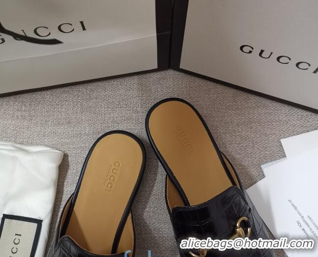 Best Quality Gucci Stone Embossed Leather Slipper 010911 Black