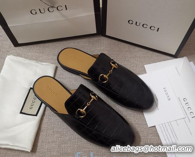 Best Quality Gucci Stone Embossed Leather Slipper 010911 Black