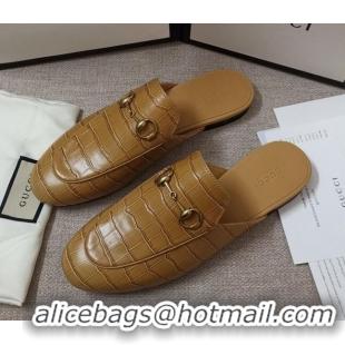 Most Popular Gucci Stone Embossed Leather Slipper 010911 Light Brown