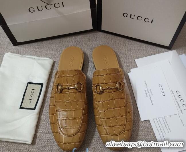 Most Popular Gucci Stone Embossed Leather Slipper 010911 Light Brown