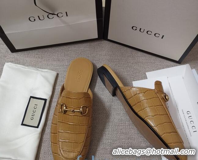 Most Popular Gucci Stone Embossed Leather Slipper 010911 Light Brown