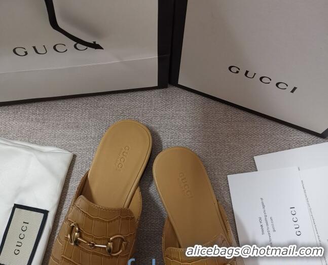 Most Popular Gucci Stone Embossed Leather Slipper 010911 Light Brown