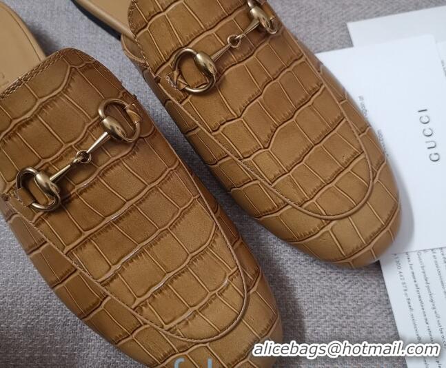 Most Popular Gucci Stone Embossed Leather Slipper 010911 Light Brown