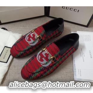 AAAAA Gucci Houndstooth and Stripe Loafers 010920 Red/Green