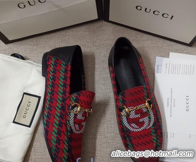 AAAAA Gucci Houndstooth and Stripe Loafers 010920 Red/Green