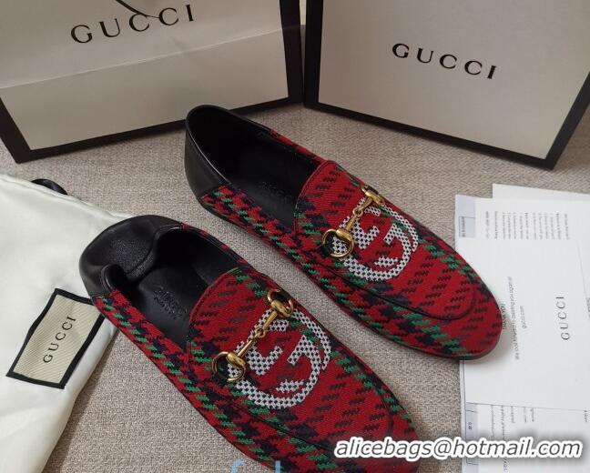 AAAAA Gucci Houndstooth and Stripe Loafers 010920 Red/Green