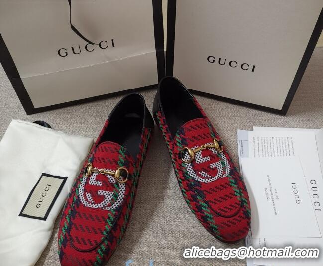 AAAAA Gucci Houndstooth and Stripe Loafers 010920 Red/Green