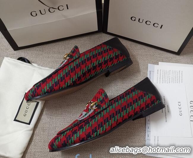 AAAAA Gucci Houndstooth and Stripe Loafers 010920 Red/Green