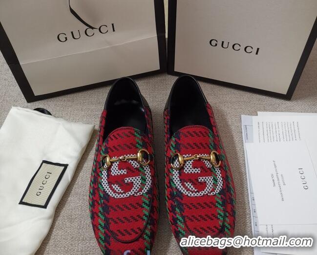 AAAAA Gucci Houndstooth and Stripe Loafers 010920 Red/Green