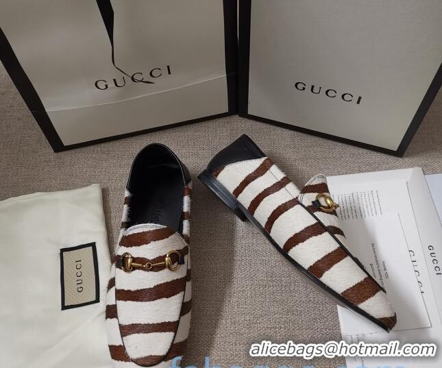 Low Price Gucci Striped Horse Fur Loafers 010922 White/Brown