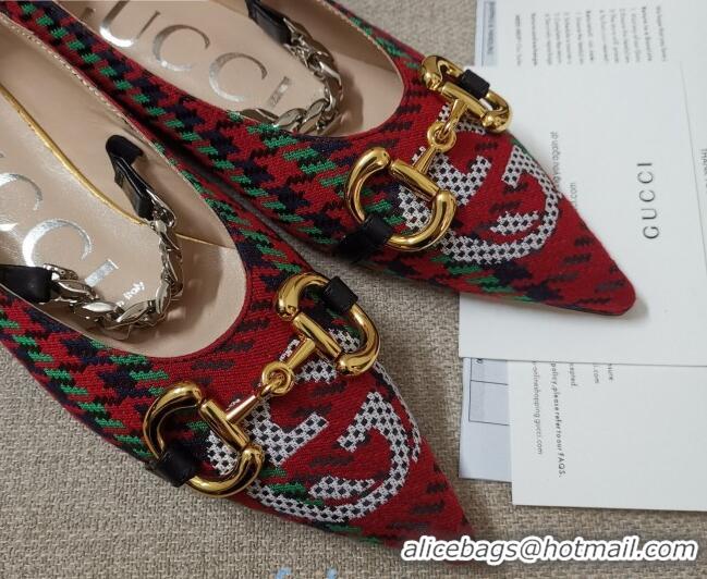 Perfect Gucci Houndstooth and Stripe Ballet Flat with Horsebit 010927 Red/Green