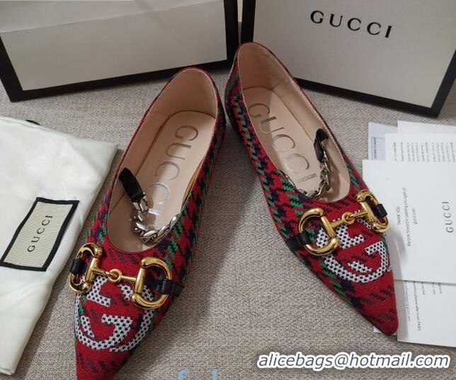 Perfect Gucci Houndstooth and Stripe Ballet Flat with Horsebit 010927 Red/Green