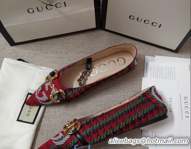 Perfect Gucci Houndstooth and Stripe Ballet Flat with Horsebit 010927 Red/Green