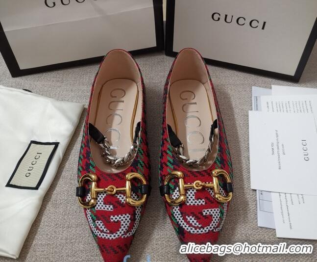 Perfect Gucci Houndstooth and Stripe Ballet Flat with Horsebit 010927 Red/Green