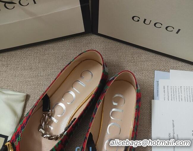 Perfect Gucci Houndstooth and Stripe Ballet Flat with Horsebit 010927 Red/Green