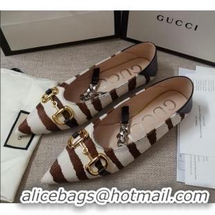 Most Popular Gucci Striped Horse Fur Ballet Flat with Horsebit 010927 White/Brown