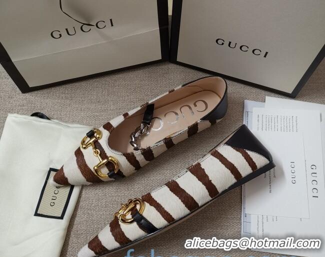 Most Popular Gucci Striped Horse Fur Ballet Flat with Horsebit 010927 White/Brown