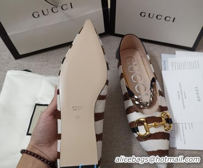 Most Popular Gucci Striped Horse Fur Ballet Flat with Horsebit 010927 White/Brown