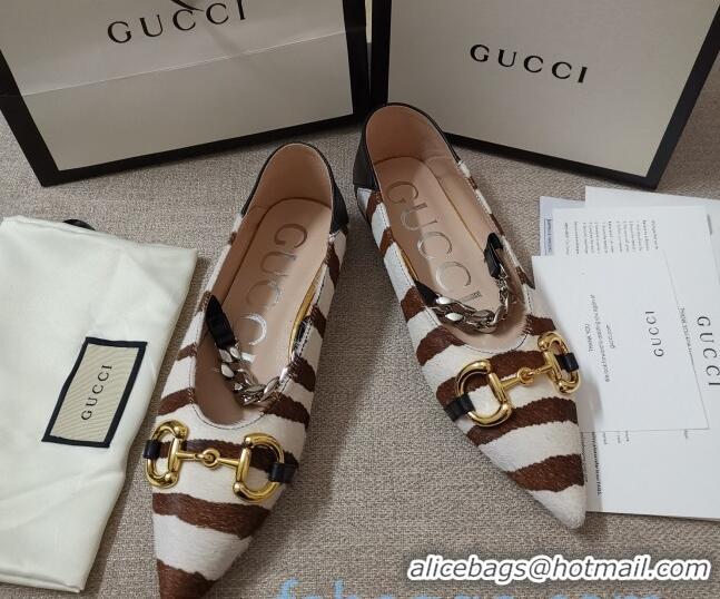 Most Popular Gucci Striped Horse Fur Ballet Flat with Horsebit 010927 White/Brown