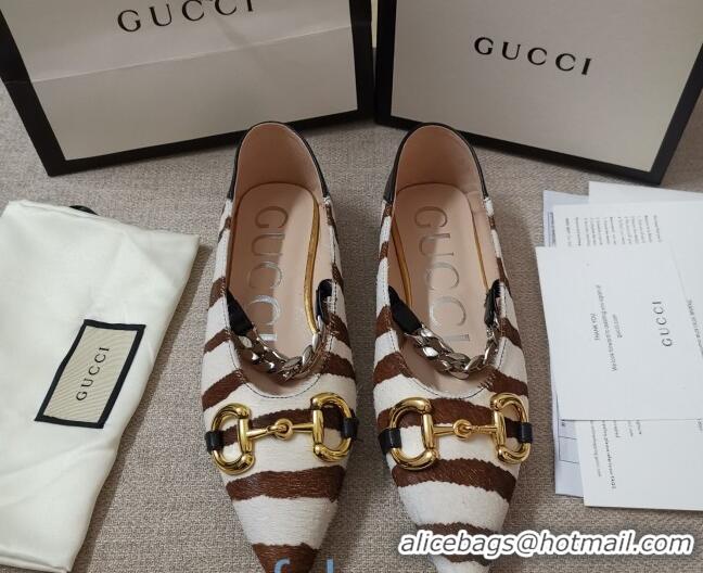 Most Popular Gucci Striped Horse Fur Ballet Flat with Horsebit 010927 White/Brown