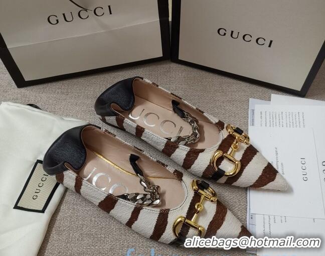 Most Popular Gucci Striped Horse Fur Ballet Flat with Horsebit 010927 White/Brown