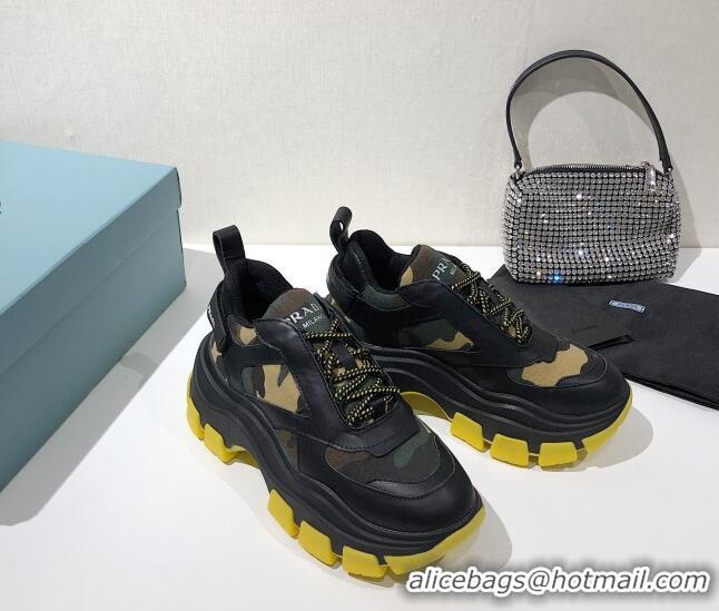 Luxury Prada Block Sneakers 061506 Black/Camouflage/Yellow