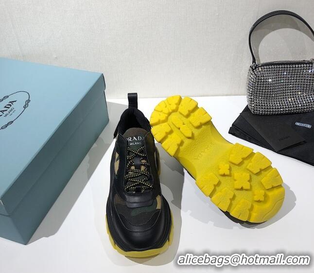 Luxury Prada Block Sneakers 061506 Black/Camouflage/Yellow