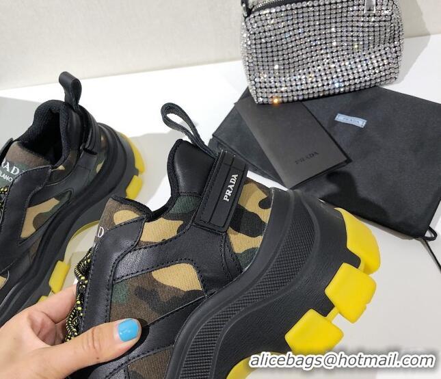 Luxury Prada Block Sneakers 061506 Black/Camouflage/Yellow