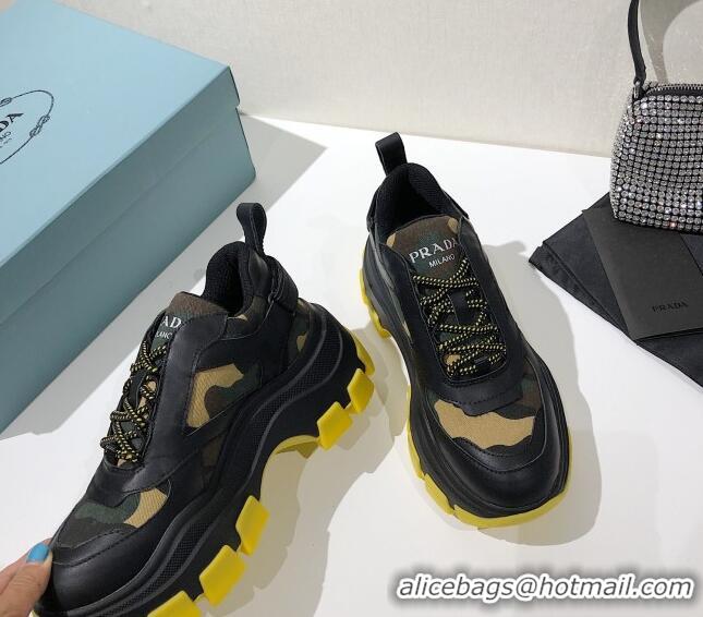 Luxury Prada Block Sneakers 061506 Black/Camouflage/Yellow