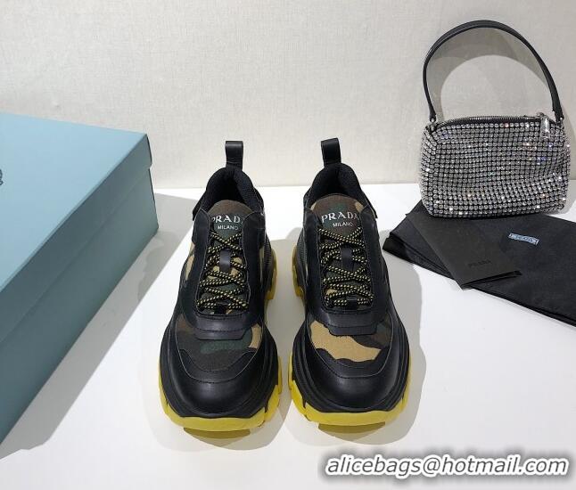 Luxury Prada Block Sneakers 061506 Black/Camouflage/Yellow