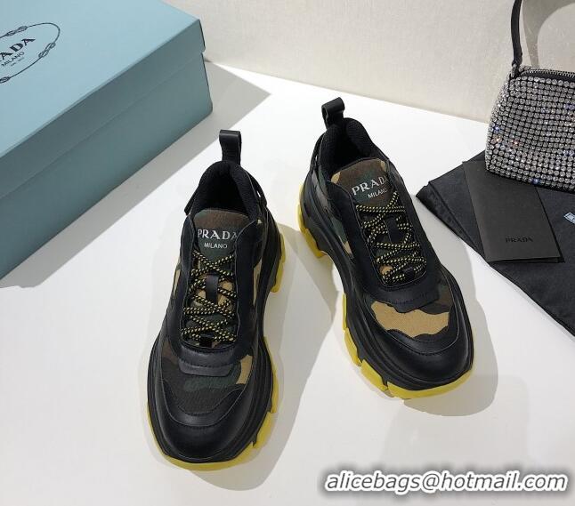 Luxury Prada Block Sneakers 061506 Black/Camouflage/Yellow