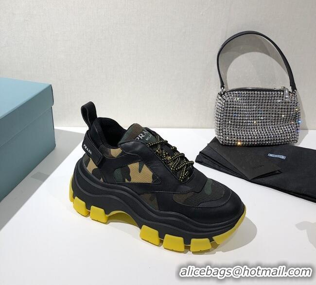 Luxury Prada Block Sneakers 061506 Black/Camouflage/Yellow