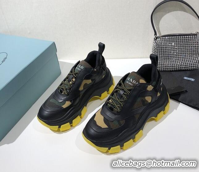 Luxury Prada Block Sneakers 061506 Black/Camouflage/Yellow