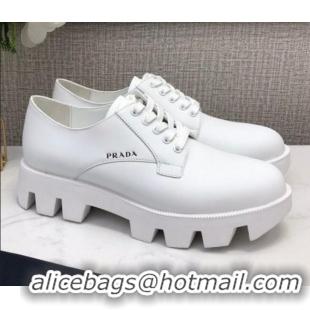 Good Quality Prada Silky Calfskin Lace-up Shoes 072507 White