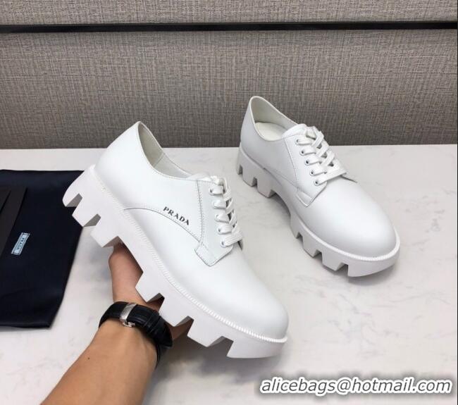 Good Quality Prada Silky Calfskin Lace-up Shoes 072507 White