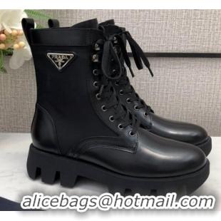 Best Luxury Prada Leather Lace-up Boots 072510 Black