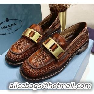 New Style Prada 30 mm Woven Calfskin Loafers 072723 Brown