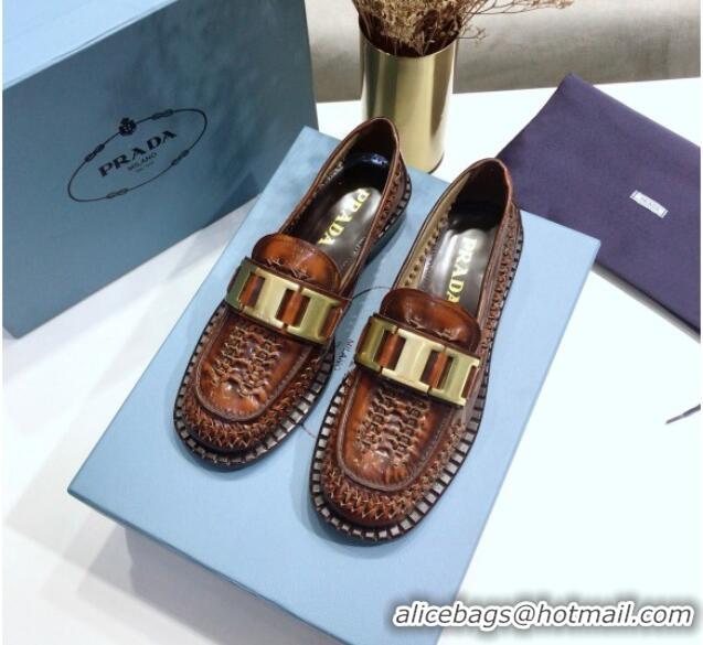 New Style Prada 30 mm Woven Calfskin Loafers 072723 Brown