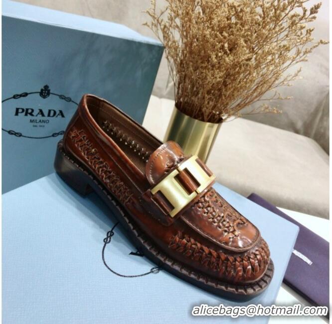 New Style Prada 30 mm Woven Calfskin Loafers 072723 Brown